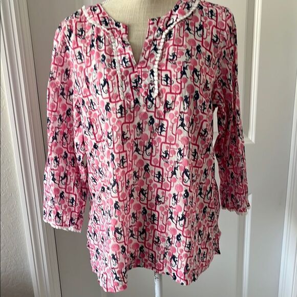 Talbots Petites Pink and White Monkeys Smocked Tunic with 3/4 Sleeves - Picture 1 of 8